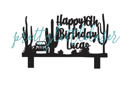 Personalized Cactus Scene with Jeep Cake Topper