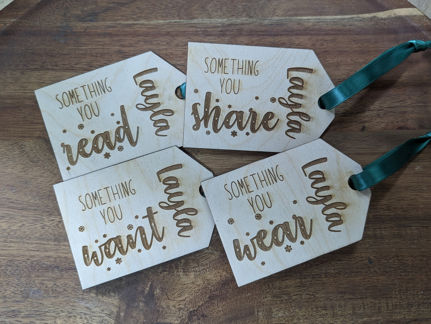 Set of 4 Custom Wooden Gift Tags Made of Wood with - Something You Wear Need Want and Read - Set of 4 Personalized Gifts