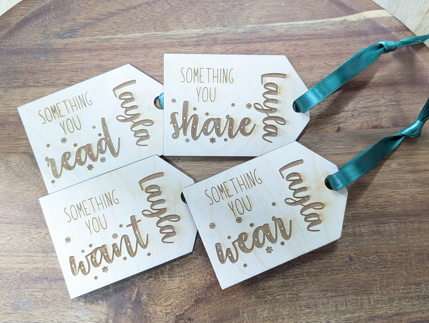 Set of 4 Custom Wooden Gift Tags Made of Wood with - Something You Wear Need Want and Read - Set of 4 Personalized Gifts
