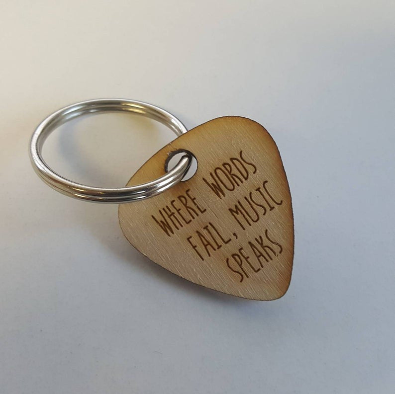 Where Words Fail, Music Speaks Engraved Wooden Guitar Pick Keychain- Wood Gift for Husband, Dad, Boyfriend, Groom, Wife, Girlfriend