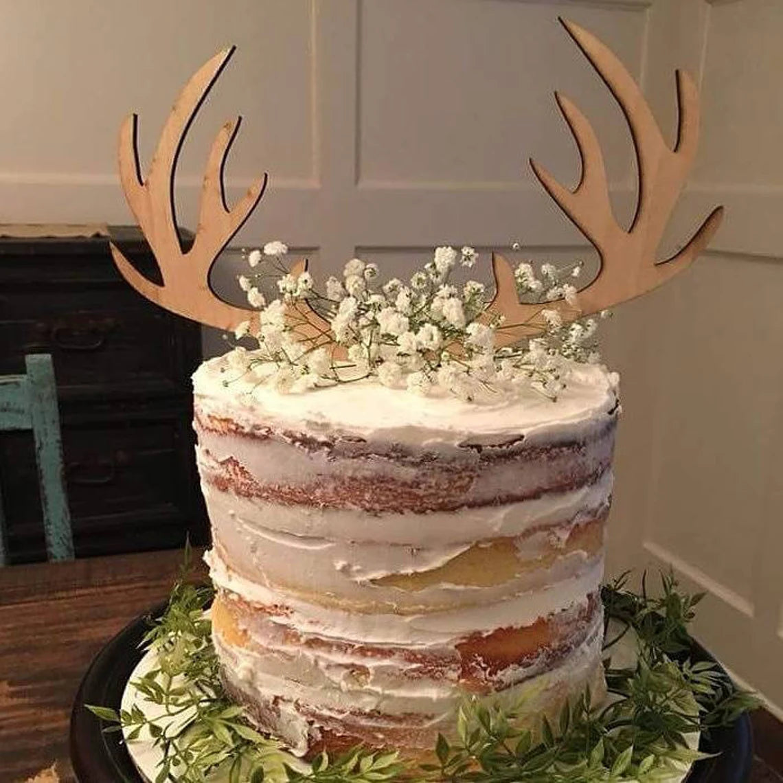 Wood Deer Antler Natural Wood Laser Cut Cake Topper Winter Woodland Themed Baby Shower Wedding